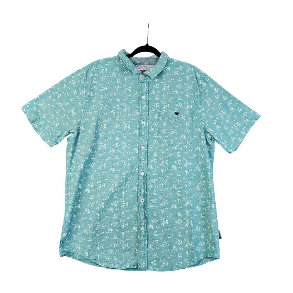 Modern Amusement Mens Button Up‎ Shirt Size XL Blue White Camping Print Casual